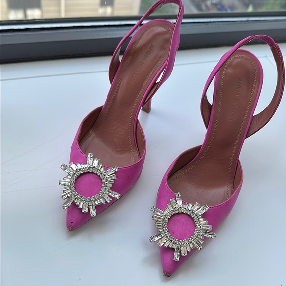 Amina Muaddi Shoes - Amina Muaddi Pink Heels with Crystal Brooch